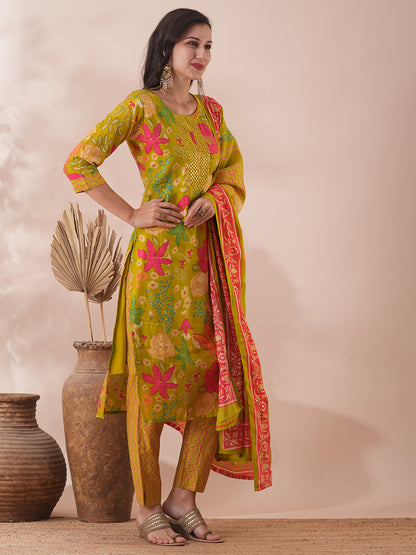 Floral Printed & Mirror Embroidered Straight Kurta with Pant & Dupatta - Lime Green