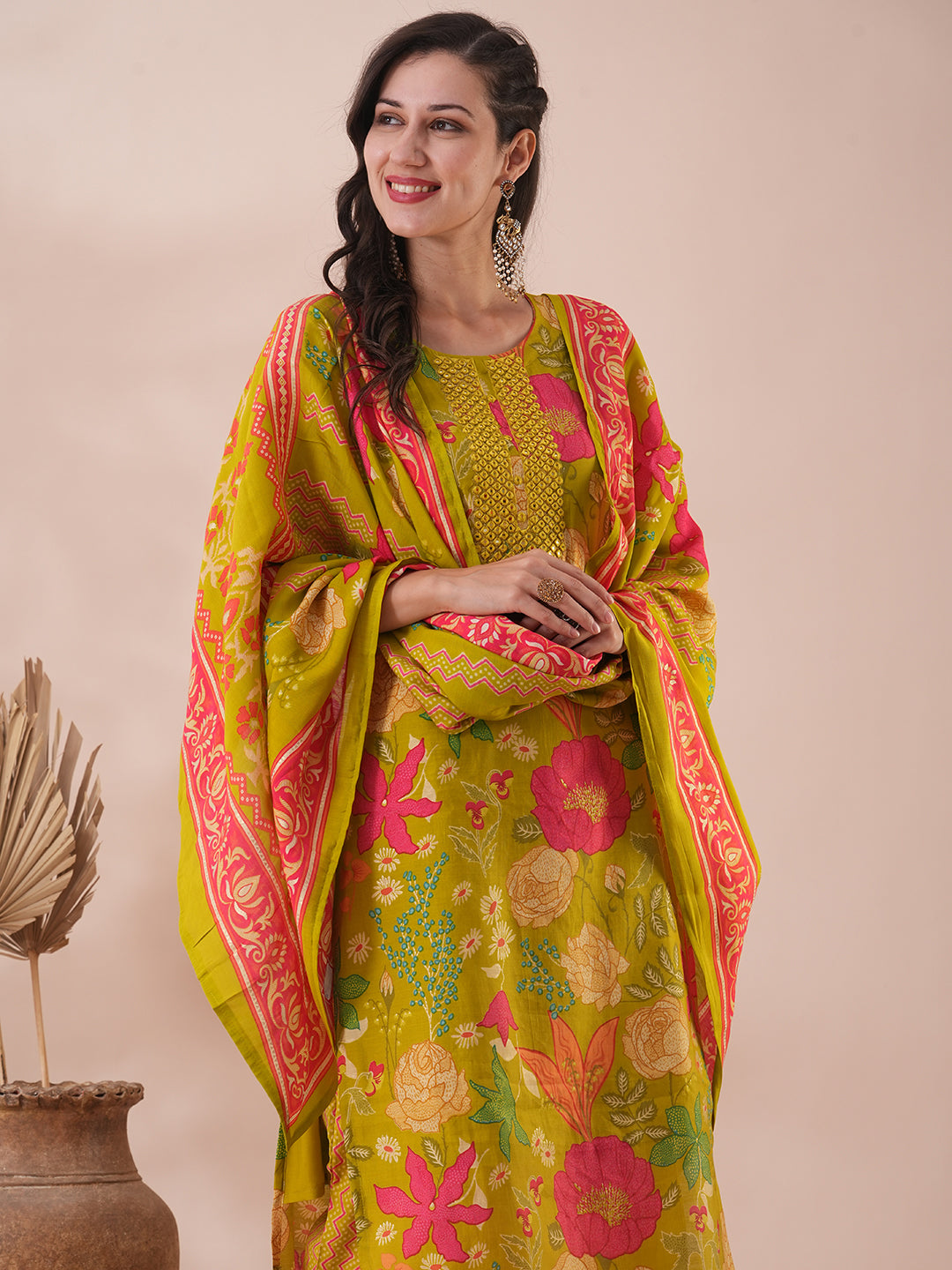 Floral Printed & Mirror Embroidered Straight Kurta with Pant & Dupatta - Lime Green