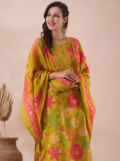 Floral Printed & Mirror Embroidered Straight Kurta with Pant & Dupatta - Lime Green