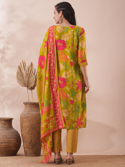 Floral Printed & Mirror Embroidered Straight Kurta with Pant & Dupatta - Lime Green