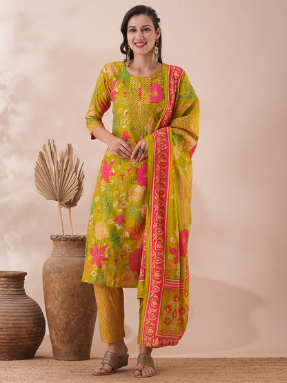 Floral Printed & Mirror Embroidered Straight Kurta with Pant & Dupatta - Lime Green