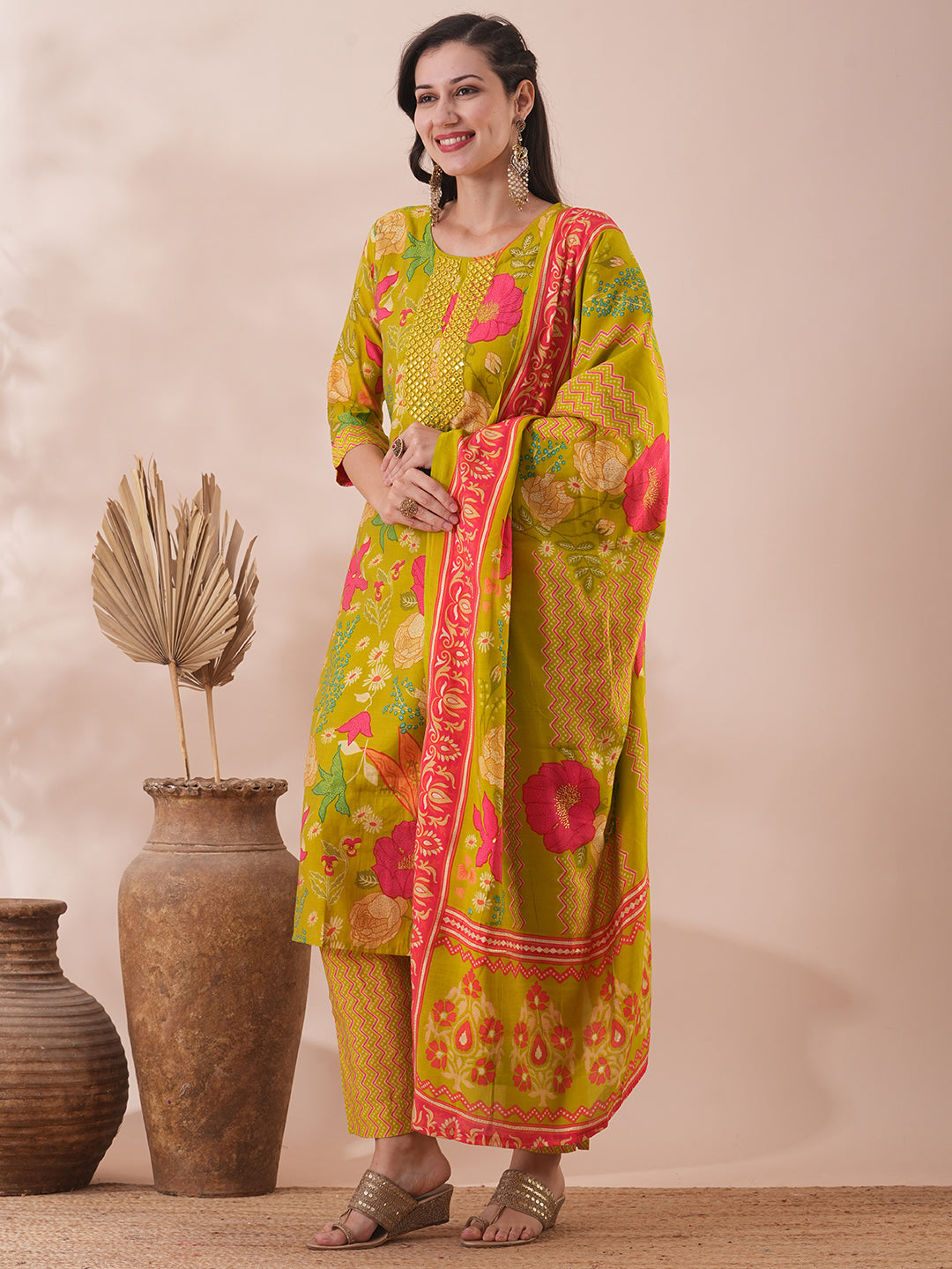 Floral Printed & Mirror Embroidered Straight Kurta with Pant & Dupatta - Lime Green