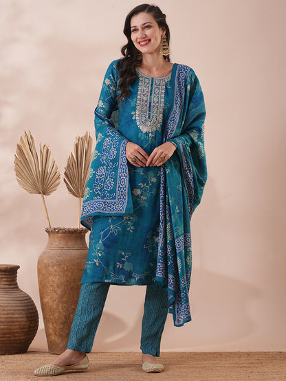 Ethnic Floral Printed & Embroidered Straight Kurta with Pant & Dupatta - Turquoise Blue