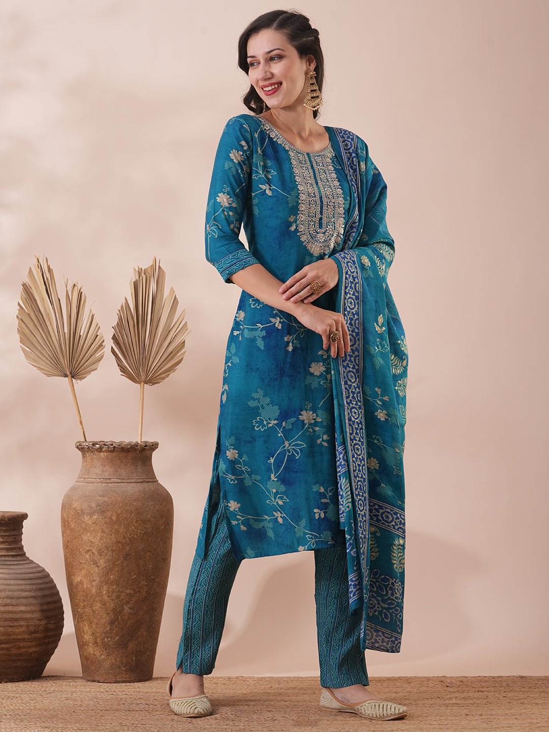 Ethnic Floral Printed & Embroidered Straight Kurta with Pant & Dupatta - Turquoise Blue