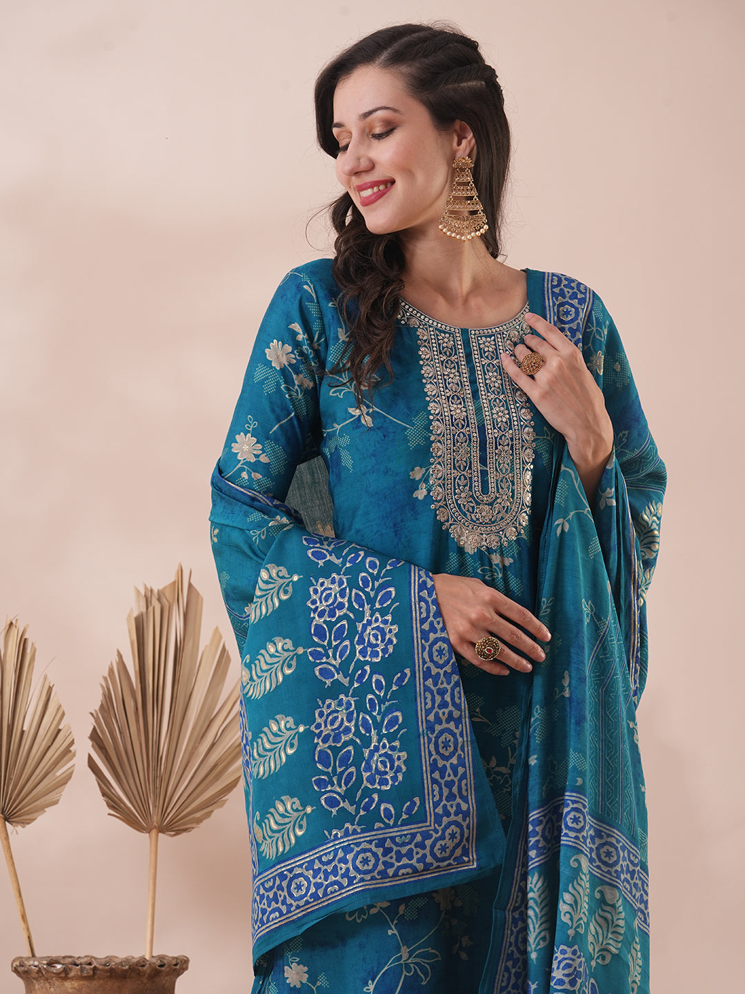 Ethnic Floral Printed & Embroidered Straight Kurta with Pant & Dupatta - Turquoise Blue