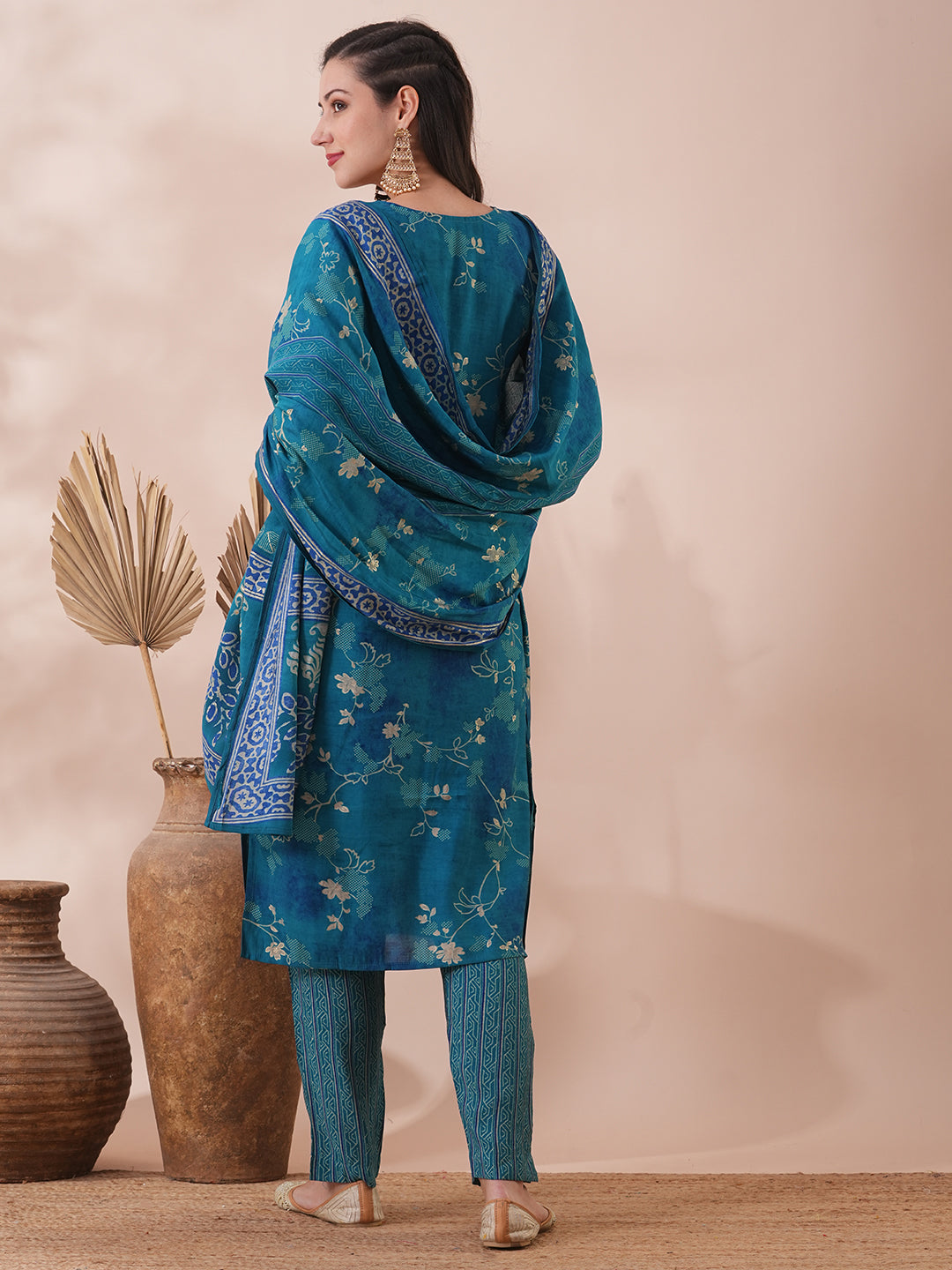 Ethnic Floral Printed & Embroidered Straight Kurta with Pant & Dupatta - Turquoise Blue