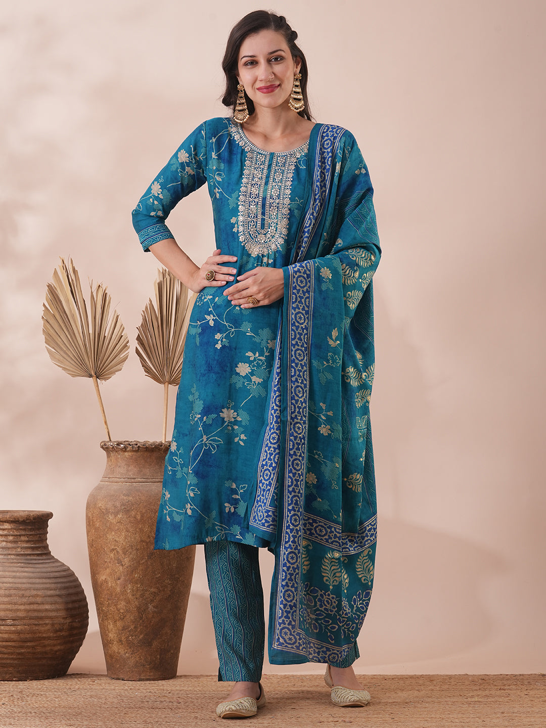 Ethnic Floral Printed & Embroidered Straight Kurta with Pant & Dupatta - Turquoise Blue