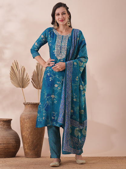 Ethnic Floral Printed & Embroidered Straight Kurta with Pant & Dupatta - Turquoise Blue