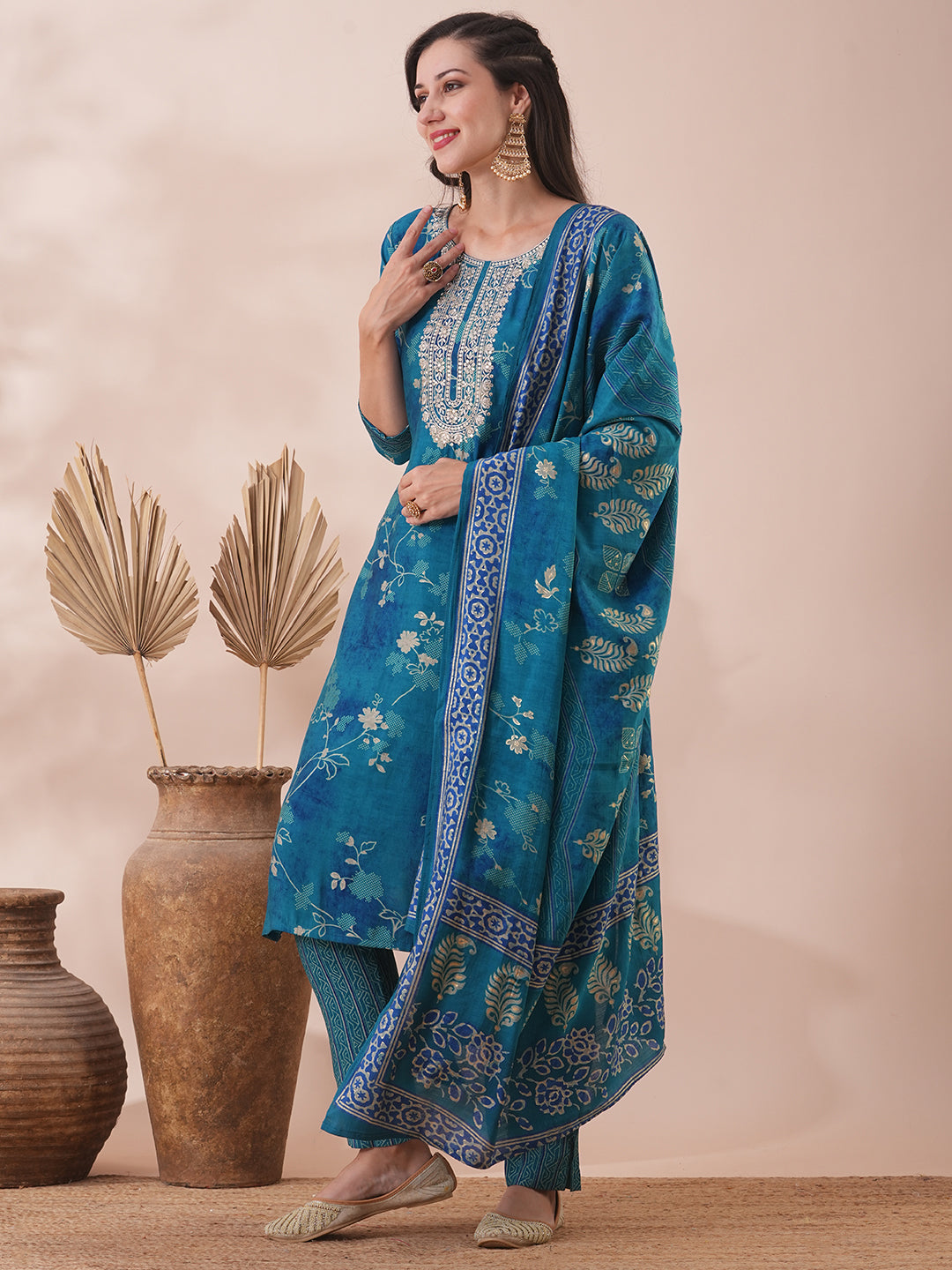 Ethnic Floral Printed & Embroidered Straight Kurta with Pant & Dupatta - Turquoise Blue