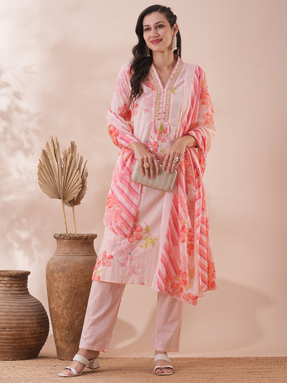 Abstract Floral Printed & Embroidered Straight Kurta with Pant & Dupatta - Peach