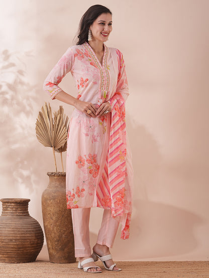 Abstract Floral Printed & Embroidered Straight Kurta with Pant & Dupatta - Peach