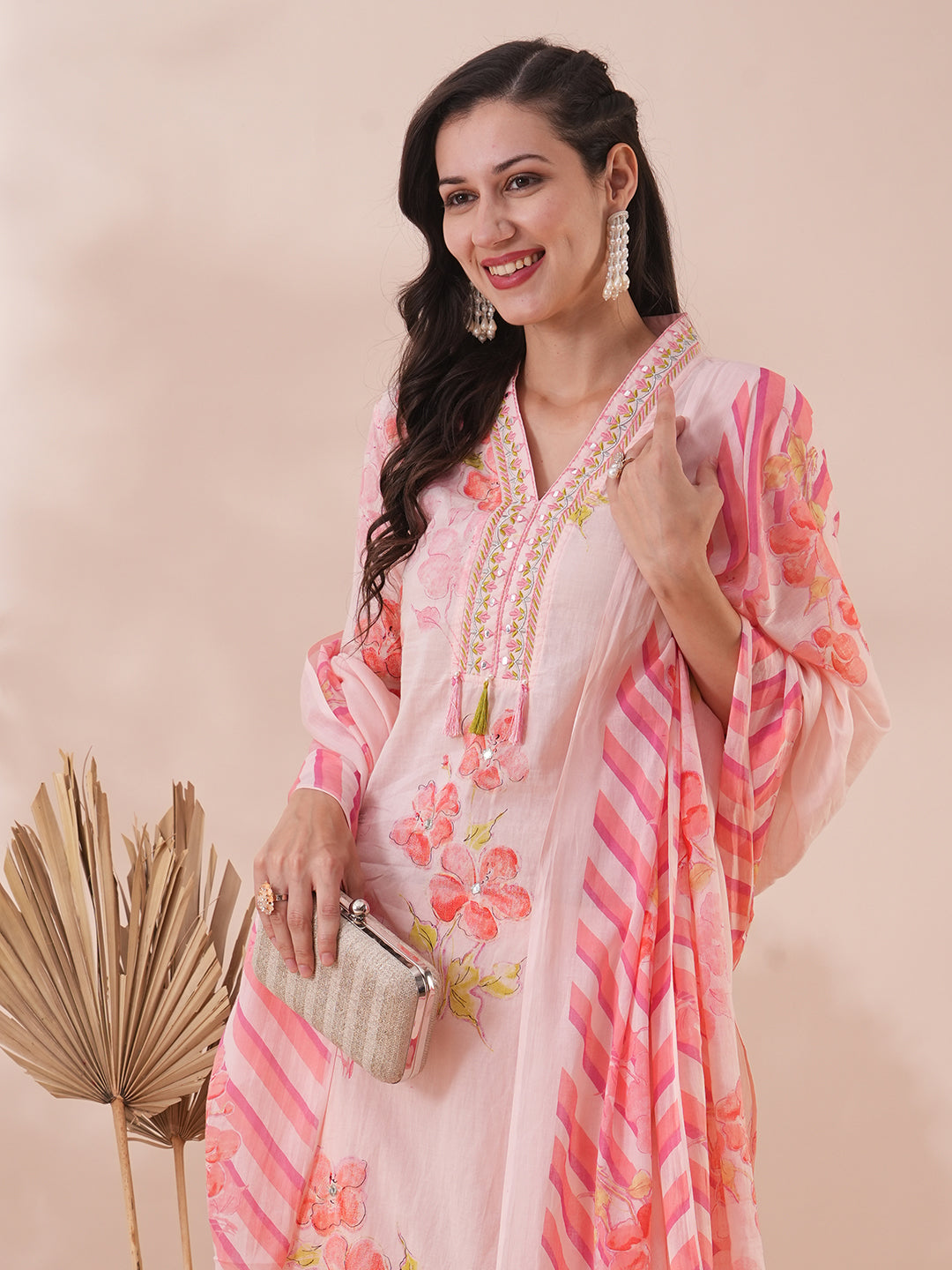 Abstract Floral Printed & Embroidered Straight Kurta with Pant & Dupatta - Peach