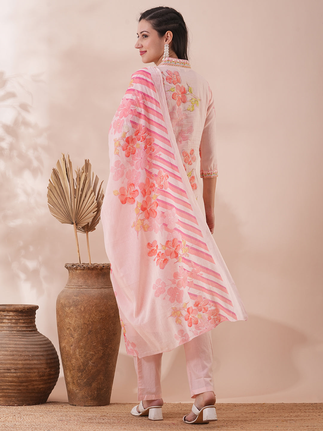 Abstract Floral Printed & Embroidered Straight Kurta with Pant & Dupatta - Peach