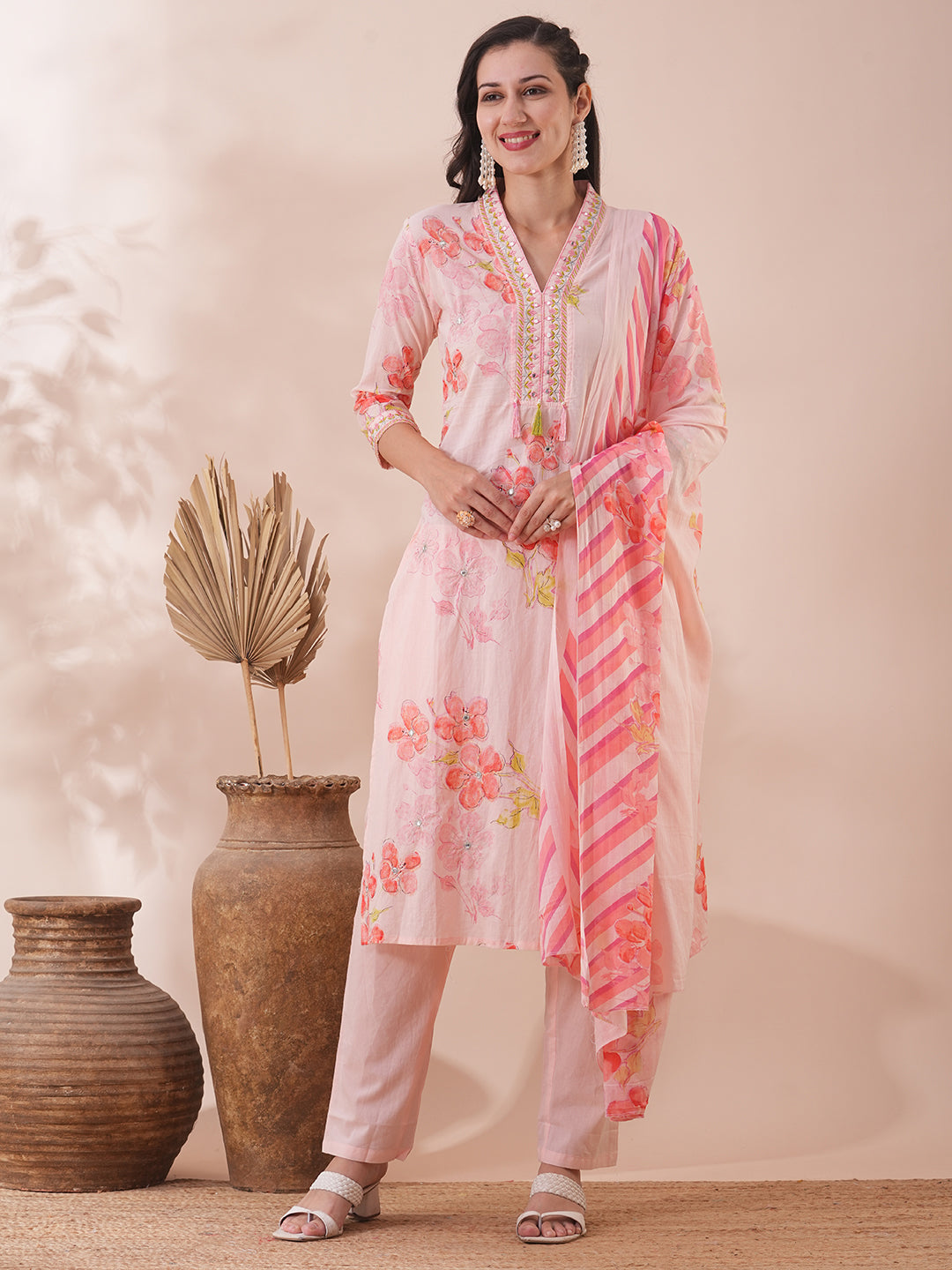 Abstract Floral Printed & Embroidered Straight Kurta with Pant & Dupatta - Peach