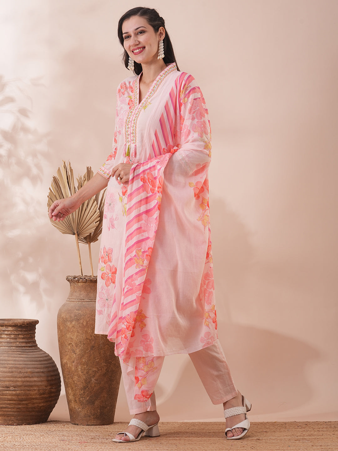 Abstract Floral Printed & Embroidered Straight Kurta with Pant & Dupatta - Peach