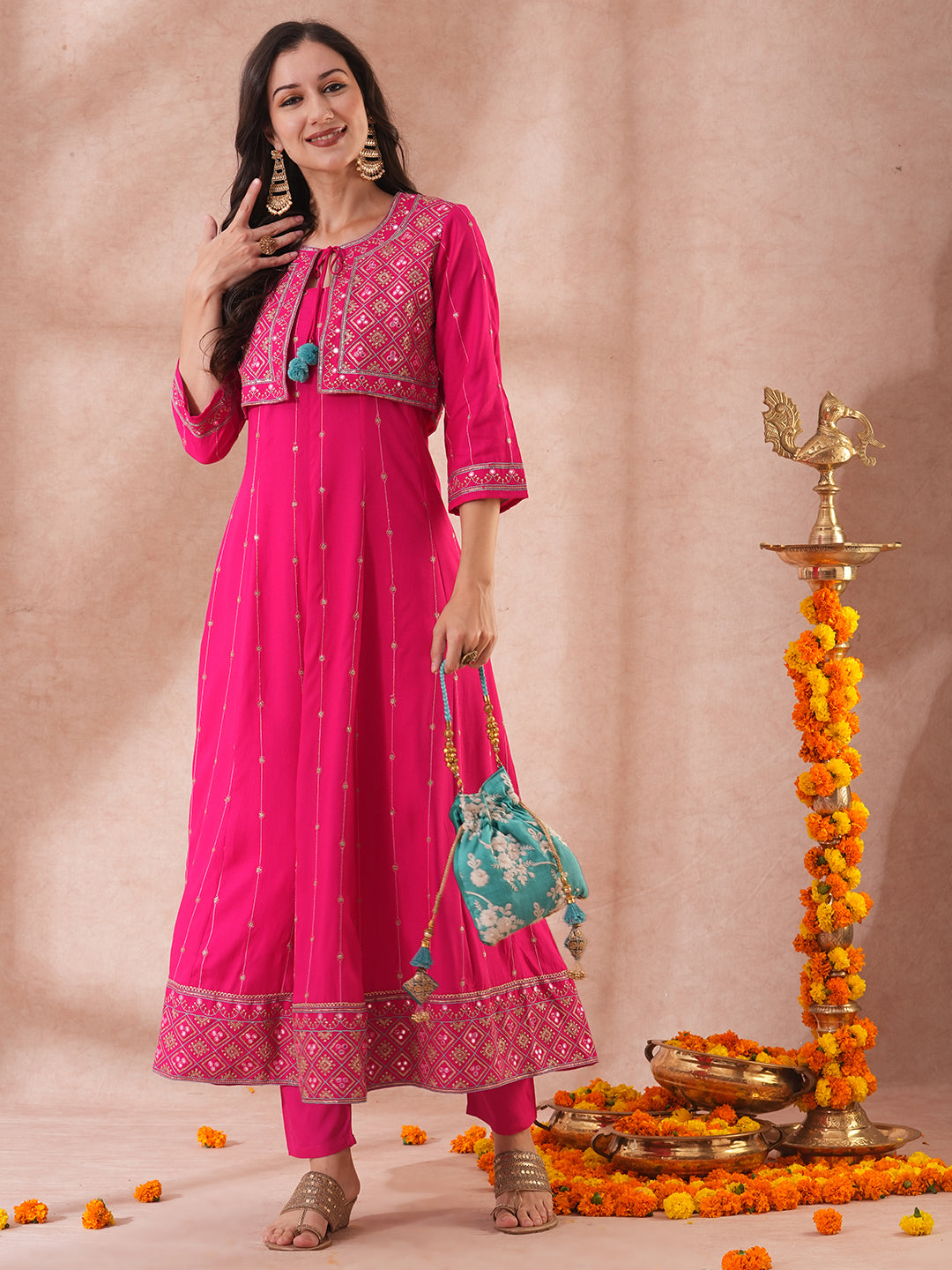 Solid Floral Embroidered Anarkali Flared Kurta with Short Jacket & Pant - Pink