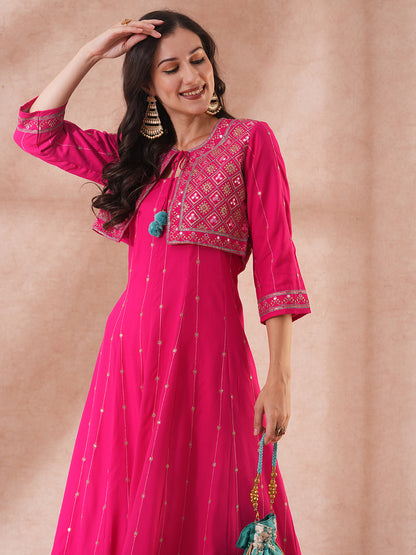 Solid Floral Embroidered Anarkali Flared Kurta with Short Jacket & Pant - Pink