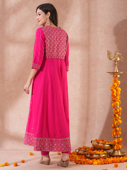 Solid Floral Embroidered Anarkali Flared Kurta with Short Jacket & Pant - Pink