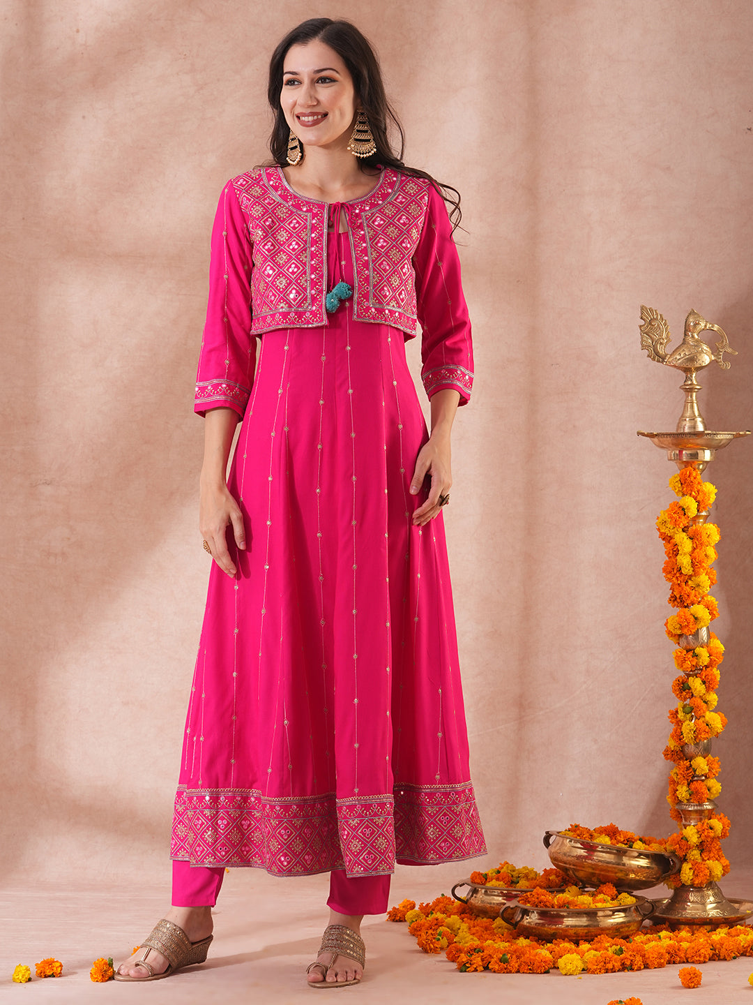 Solid Floral Embroidered Anarkali Flared Kurta with Short Jacket & Pant - Pink