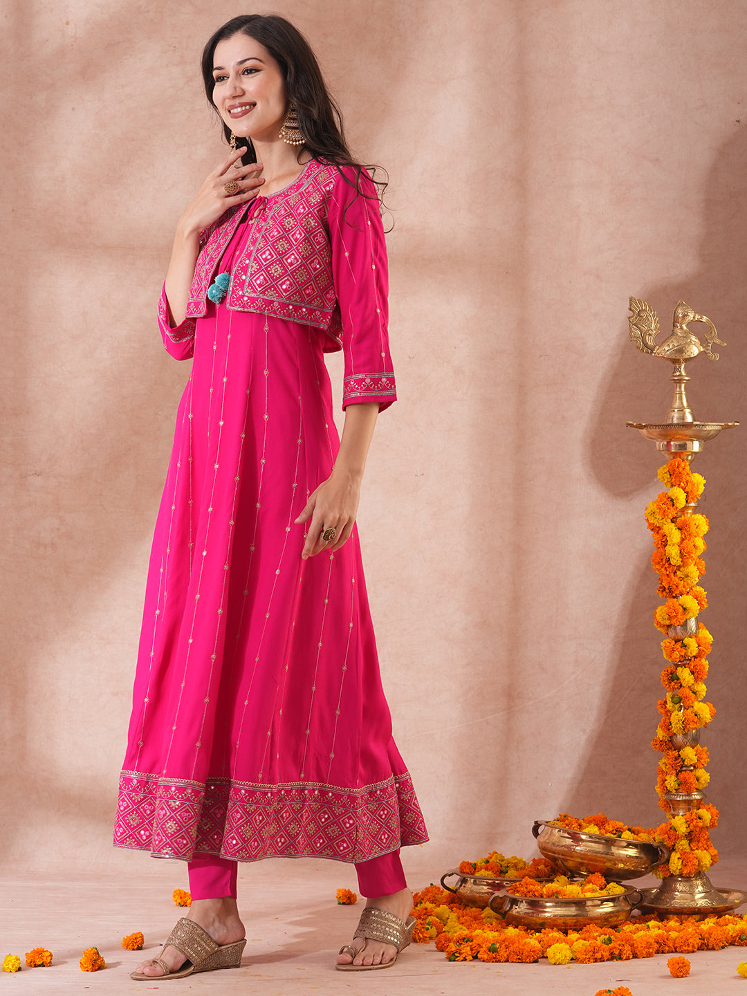 Solid Floral Embroidered Anarkali Flared Kurta with Short Jacket & Pant - Pink