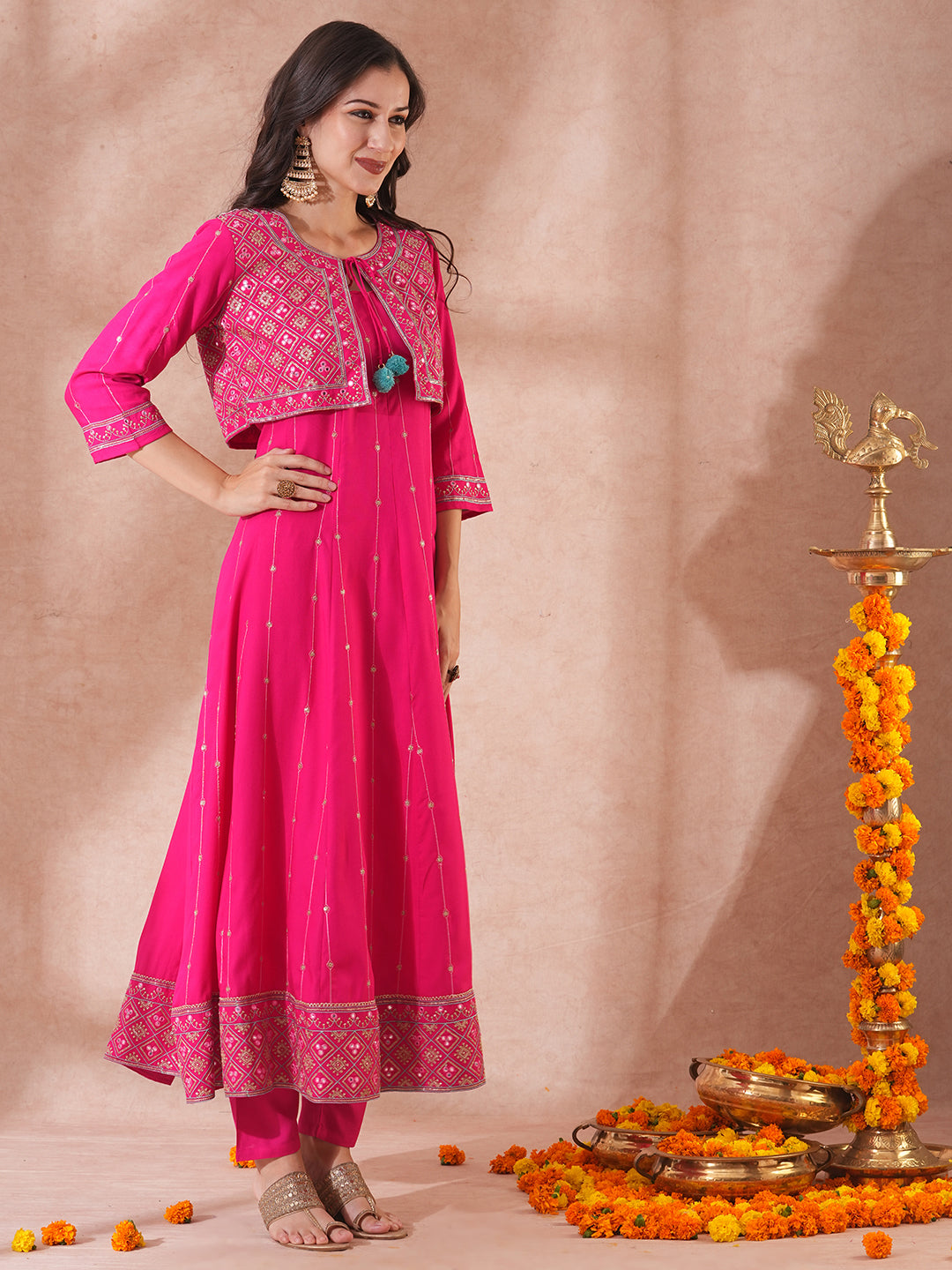 Solid Floral Embroidered Anarkali Flared Kurta with Short Jacket & Pant - Pink