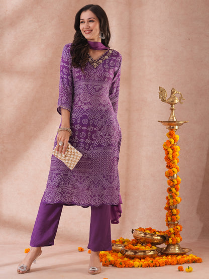 Bandhani Printed & Embroidered Straight Kurta with Pant & Dupatta - Purple