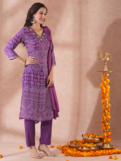 Bandhani Printed & Embroidered Straight Kurta with Pant & Dupatta - Purple