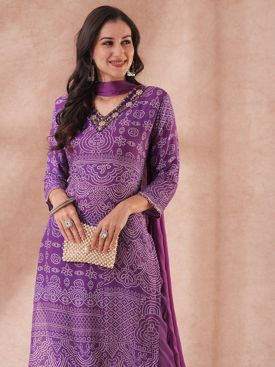 Bandhani Printed & Embroidered Straight Kurta with Pant & Dupatta - Purple