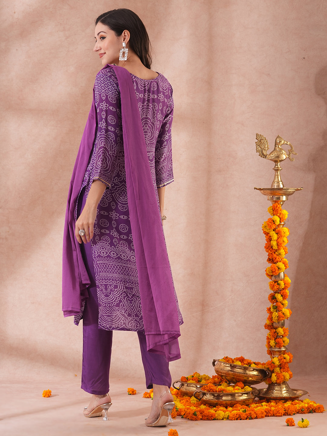 Bandhani Printed & Embroidered Straight Kurta with Pant & Dupatta - Purple