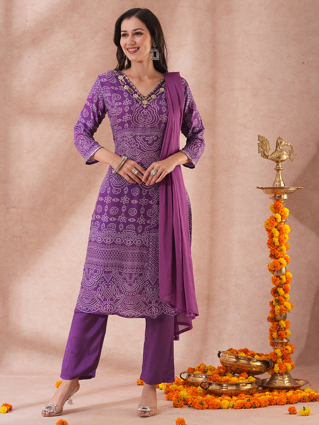 Bandhani Printed & Embroidered Straight Kurta with Pant & Dupatta - Purple