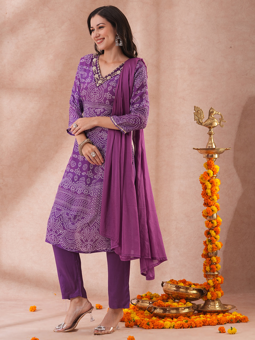 Bandhani Printed & Embroidered Straight Kurta with Pant & Dupatta - Purple