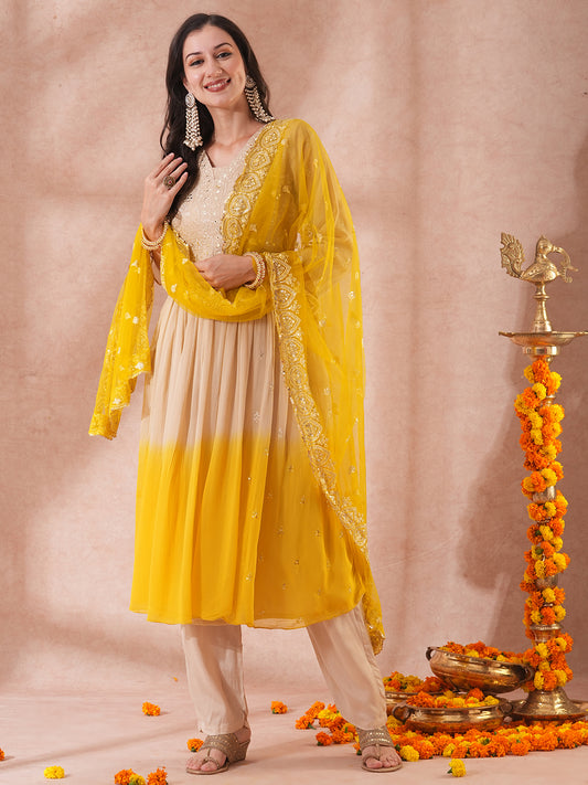 Floral Embroidered & Ombre Dyed A-Line Pleated Kurta with Pant & Dupatta - Beige