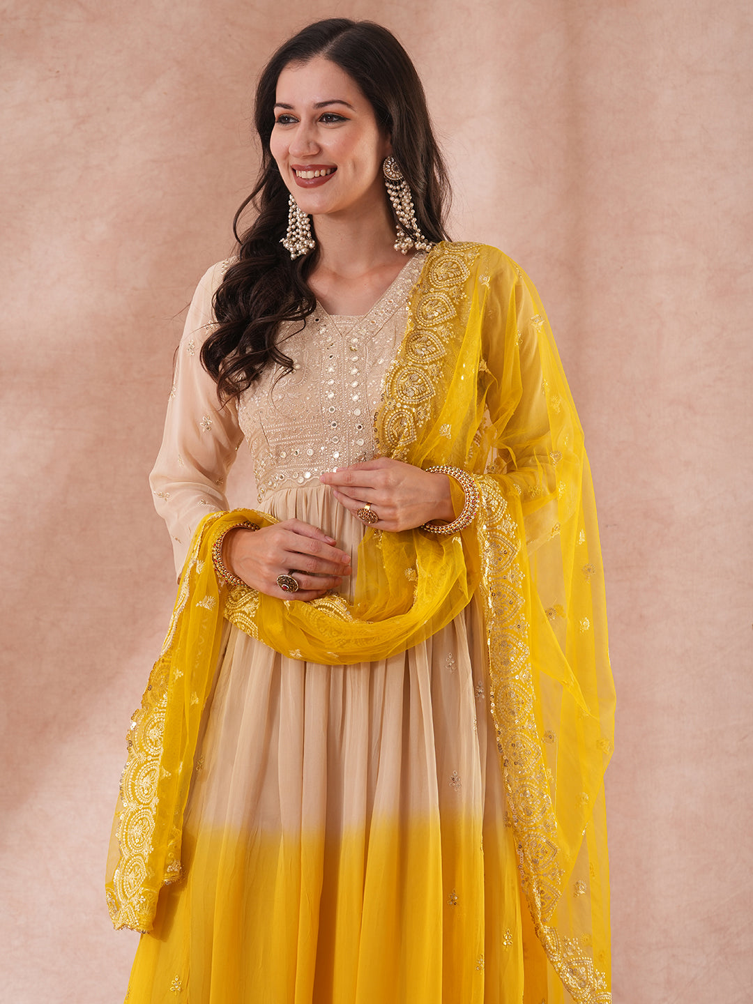 Floral Embroidered & Ombre Dyed A-Line Pleated Kurta with Pant & Dupatta - Beige