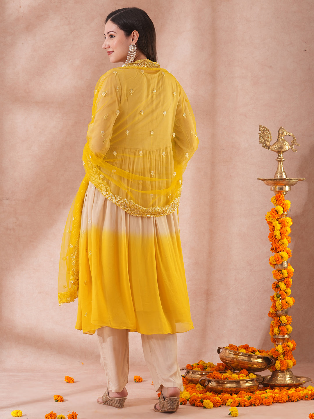 Floral Embroidered & Ombre Dyed A-Line Pleated Kurta with Pant & Dupatta - Beige