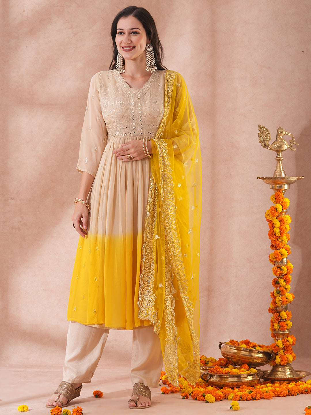 Floral Embroidered & Ombre Dyed A-Line Pleated Kurta with Pant & Dupatta - Beige