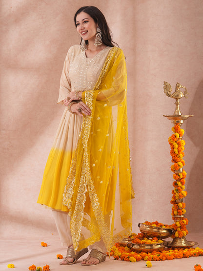 Floral Embroidered & Ombre Dyed A-Line Pleated Kurta with Pant & Dupatta - Beige