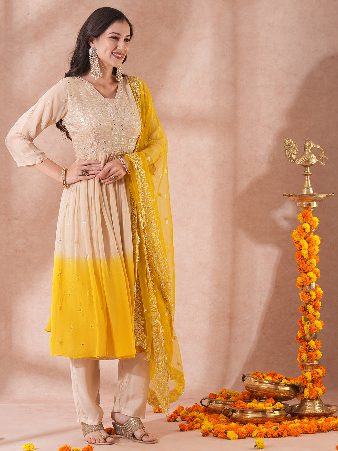 Floral Embroidered & Ombre Dyed A-Line Pleated Kurta with Pant & Dupatta - Beige