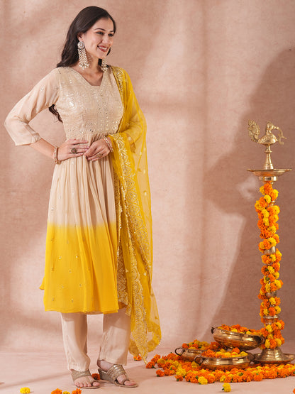 Floral Embroidered & Ombre Dyed A-Line Pleated Kurta with Pant & Dupatta - Beige