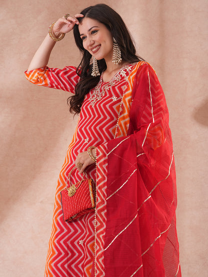 Ethnic Chevron Printed & Embroidered Straight Fit Kurta with Pant and Dupatta - Multi