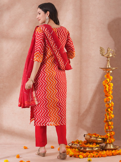 Ethnic Chevron Printed & Embroidered Straight Fit Kurta with Pant and Dupatta - Multi