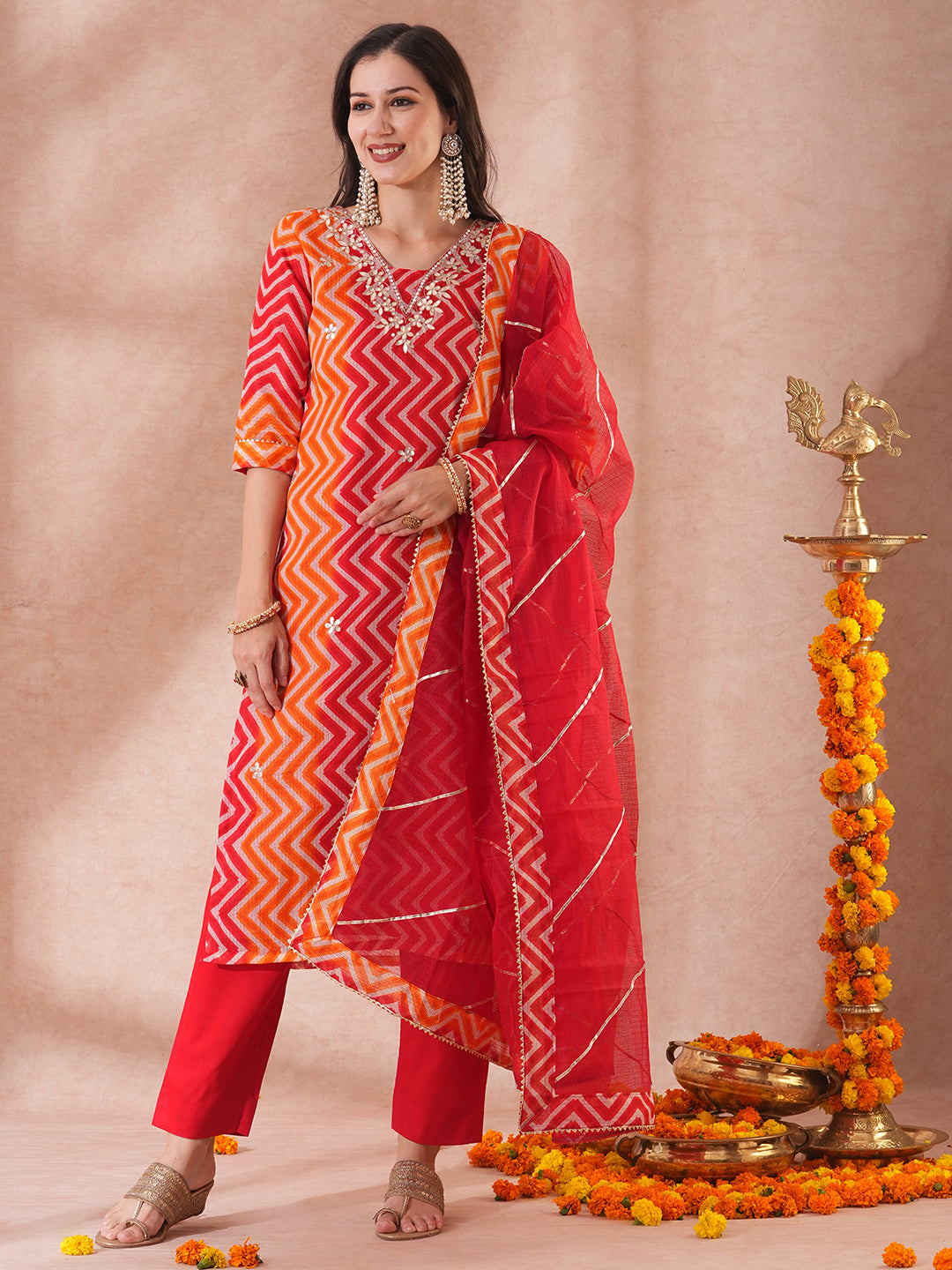 Ethnic Chevron Printed & Embroidered Straight Fit Kurta with Pant and Dupatta - Multi