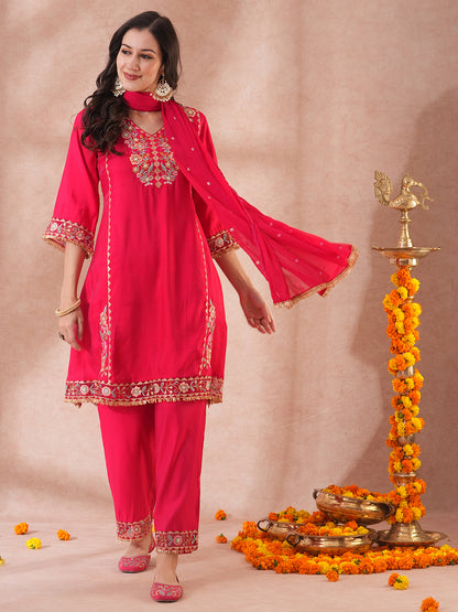 Solid Ethnic Embroidered A-Line Kurta with Palazzo & Dupatta - Pink