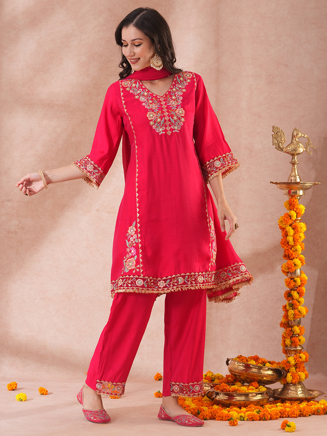 Solid Ethnic Embroidered A-Line Kurta with Palazzo & Dupatta - Pink