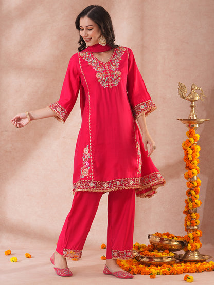 Solid Ethnic Embroidered A-Line Kurta with Palazzo & Dupatta - Pink