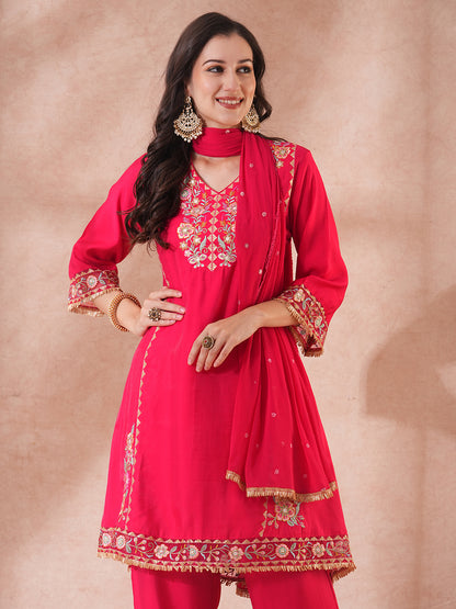 Solid Ethnic Embroidered A-Line Kurta with Palazzo & Dupatta - Pink