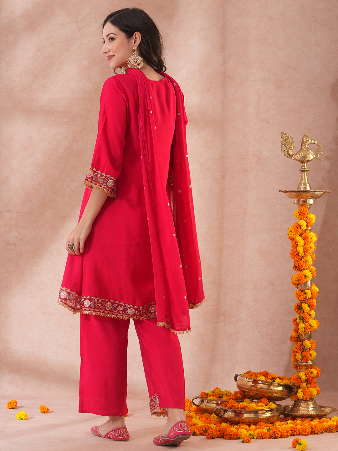 Solid Ethnic Embroidered A-Line Kurta with Palazzo & Dupatta - Pink