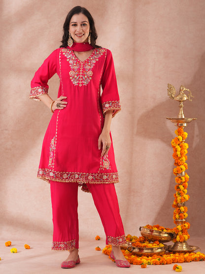 Solid Ethnic Embroidered A-Line Kurta with Palazzo & Dupatta - Pink