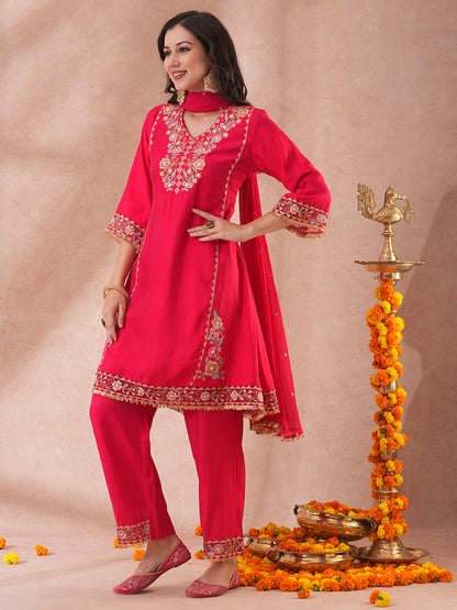 Solid Ethnic Embroidered A-Line Kurta with Palazzo & Dupatta - Pink