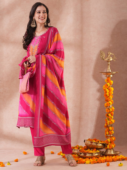 Leheriya Printed & Hand Embroidered Straight Kurta with Pant & Dupatta - Pink