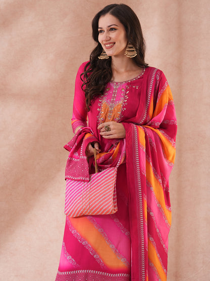 Leheriya Printed & Hand Embroidered Straight Kurta with Pant & Dupatta - Pink